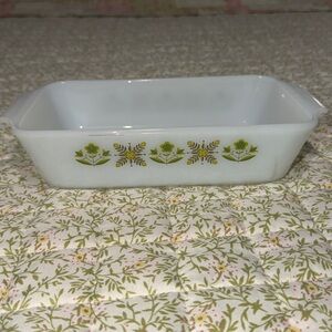 Anchor Hocking Fire King milk glass loaf pan in the "Meadow Green"